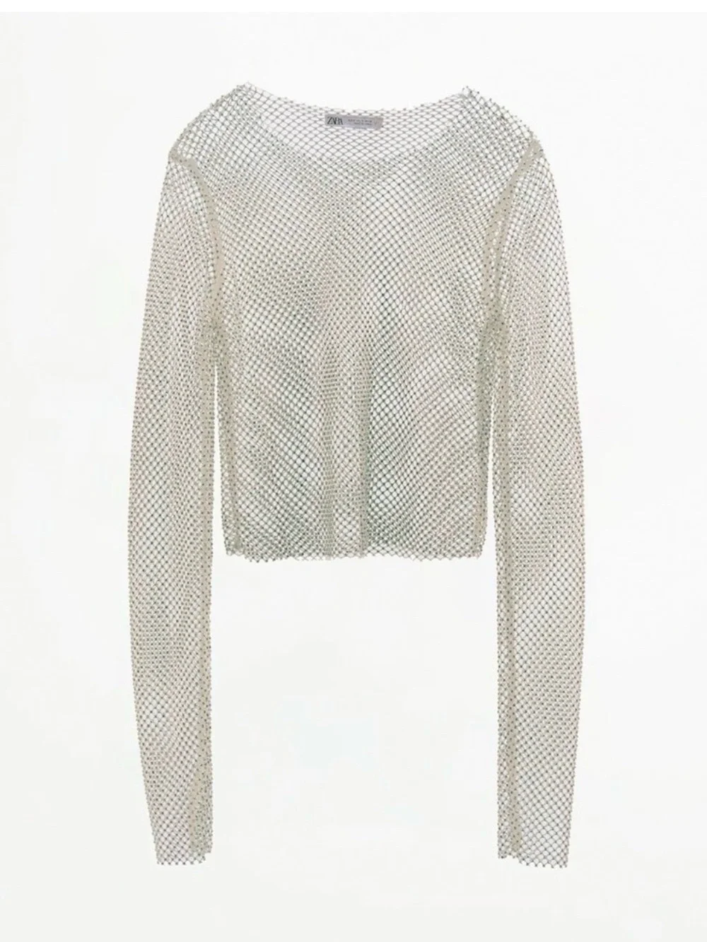 Zara Silver Mesh Long Sleeve Crop Top - Shimmery Open Knit Sz M